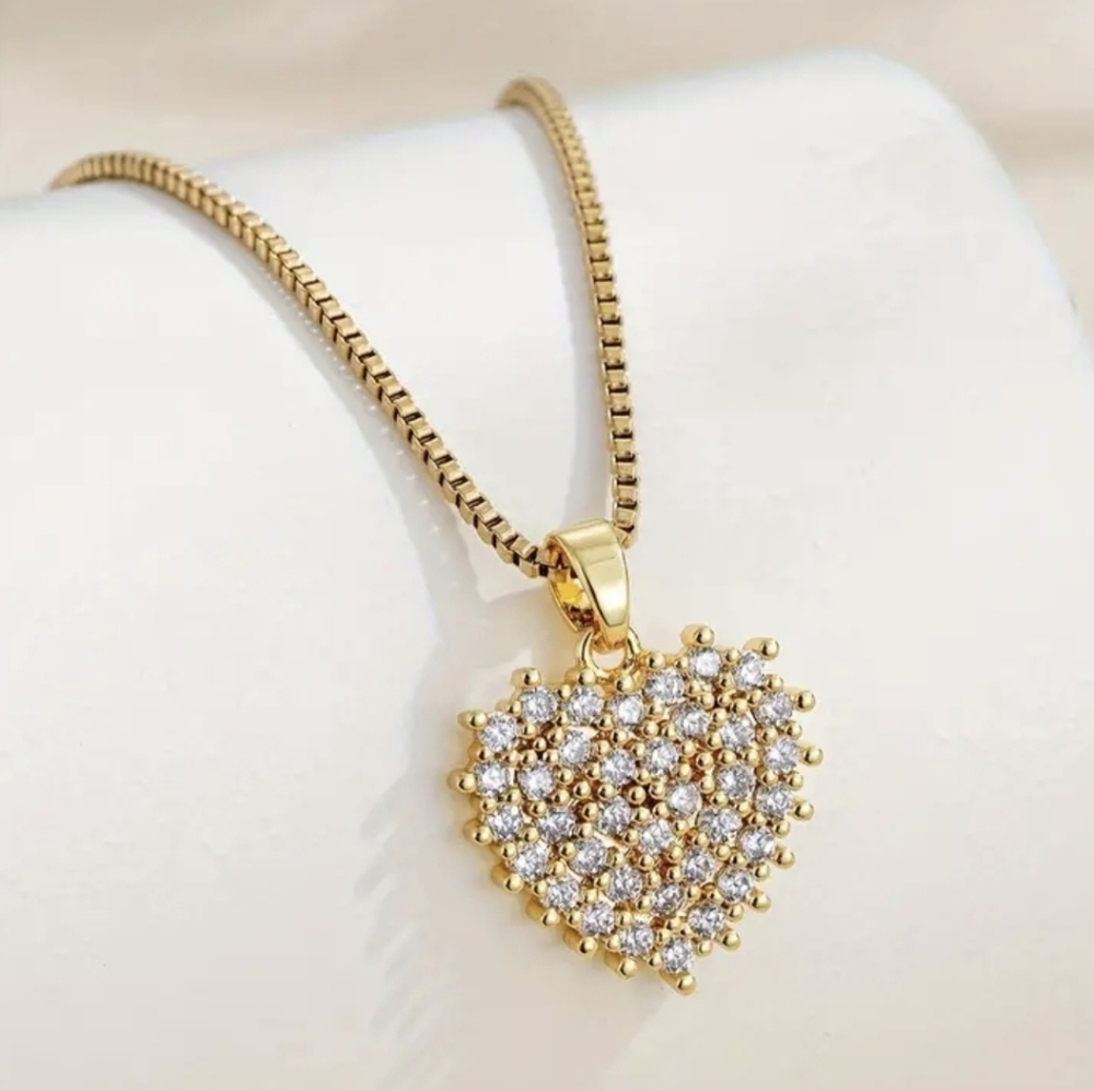 Gold-Plated Stainless Steel Necklace with Cubic Zirconia Heart Pendant